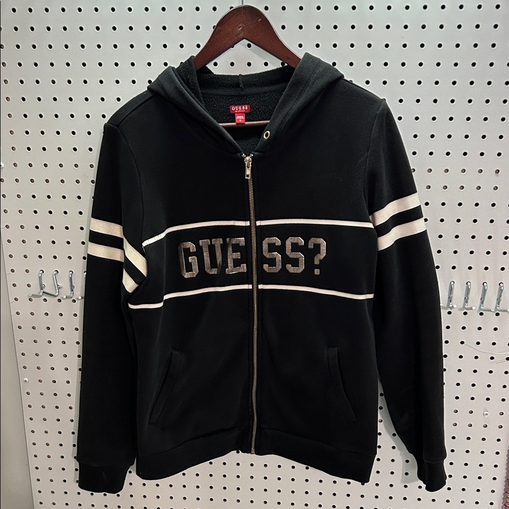 Guess Black Zip-Up Hoodie with White Accents